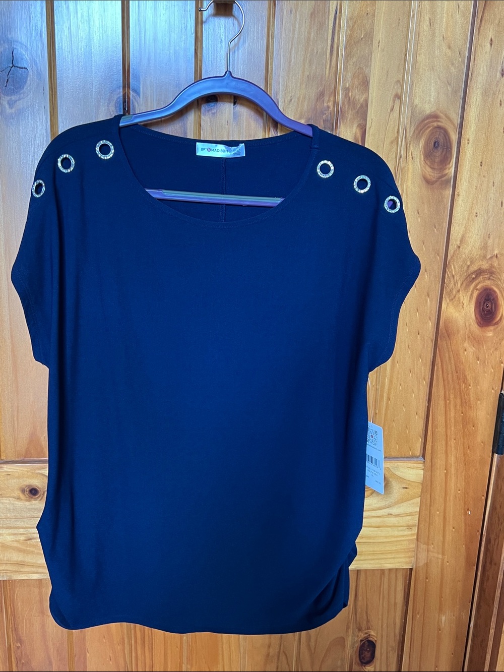 89th & Madison Navy Short Sleeve Top with Grommet Details